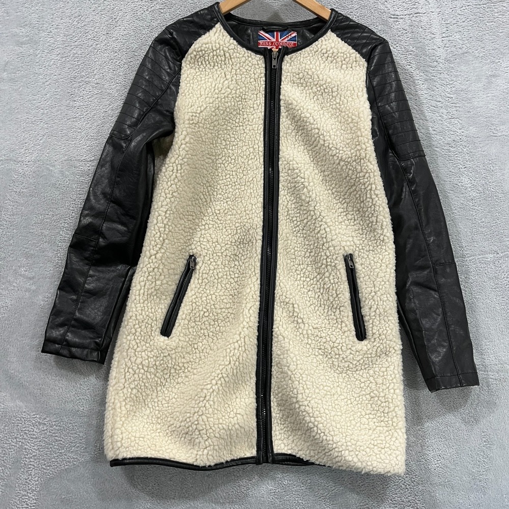 VTG Miss London Jacket Women's L Faux Leather Sherpa‎ Long Motorcycle Grunge